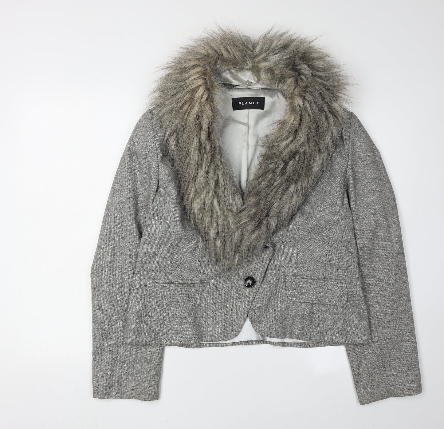 Planet Women's Grey Fur Trim Tweed Jacket Size 14