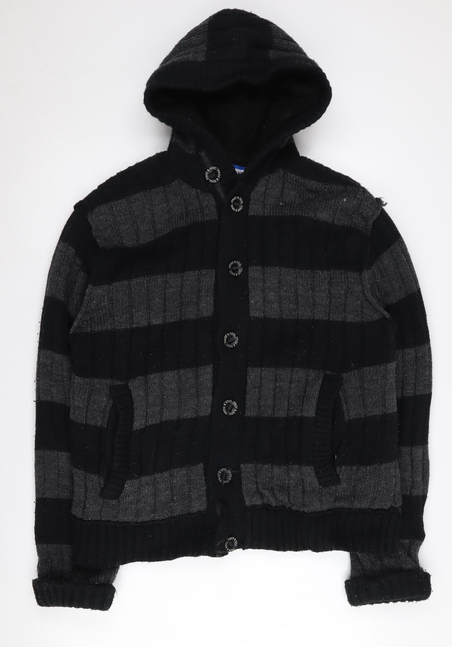 Pride And Soul Men's Black Grey Striped Hooded Jacket XL