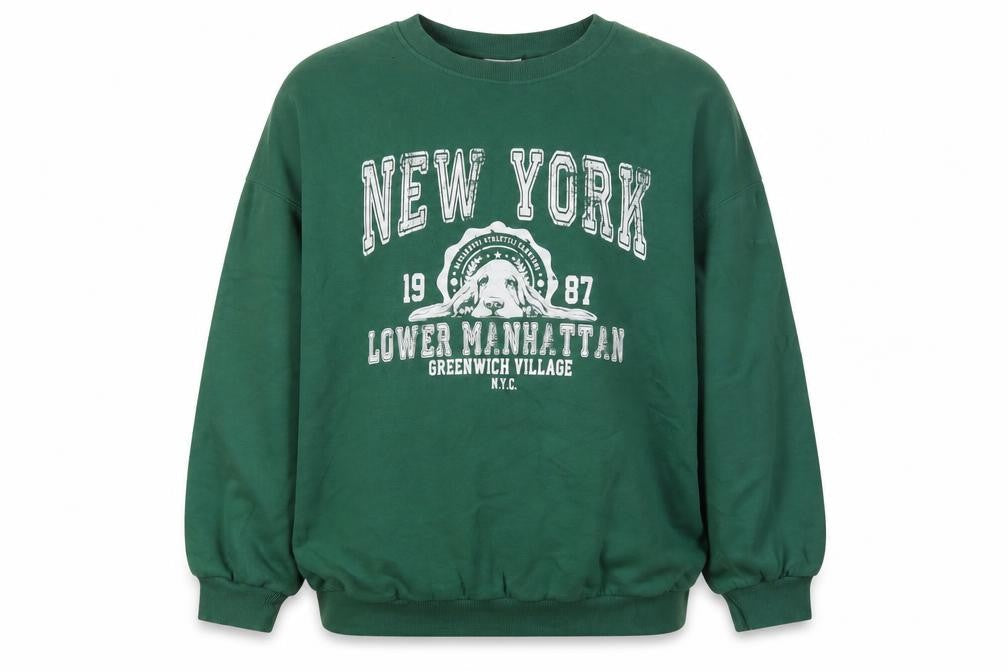 Front view of Oh Me Oh My Green Graphic Pullover Sweatshirt, size 10
