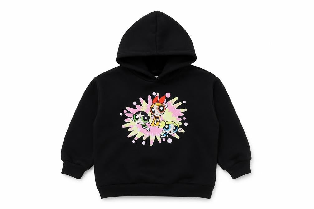 Front view of PowerpuffGirls girls’ black cartoon hoodie, 4 years, pullover style