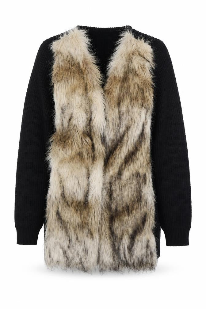 H&M Divided Women's Black Cardigan Fur Trim Size 10