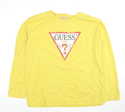 Guess Men's Yellow Long Sleeve Logo T-Shirt, Size M