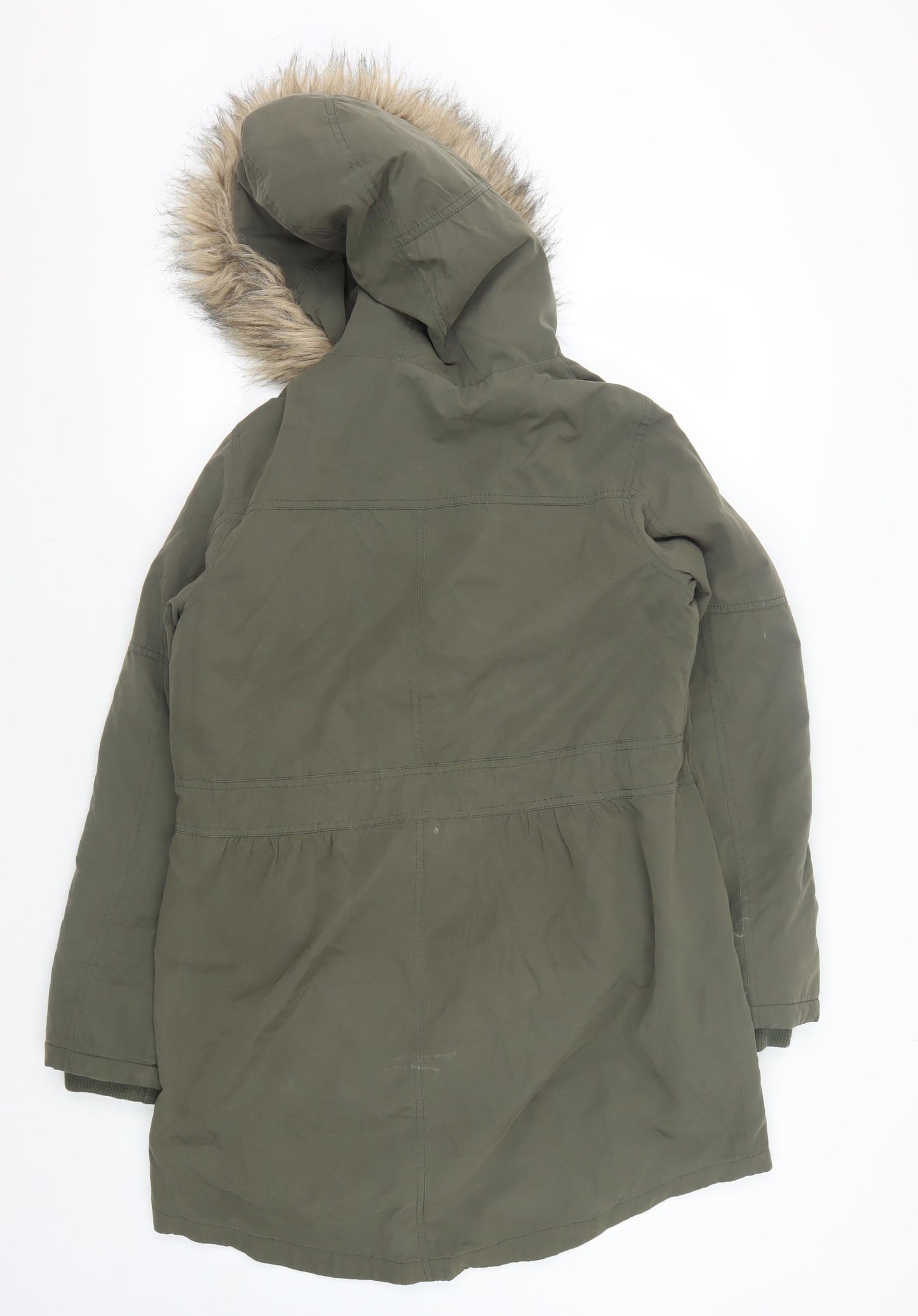 Oasis Women's Green Parka Coat S Hooded Winter Fur Trim