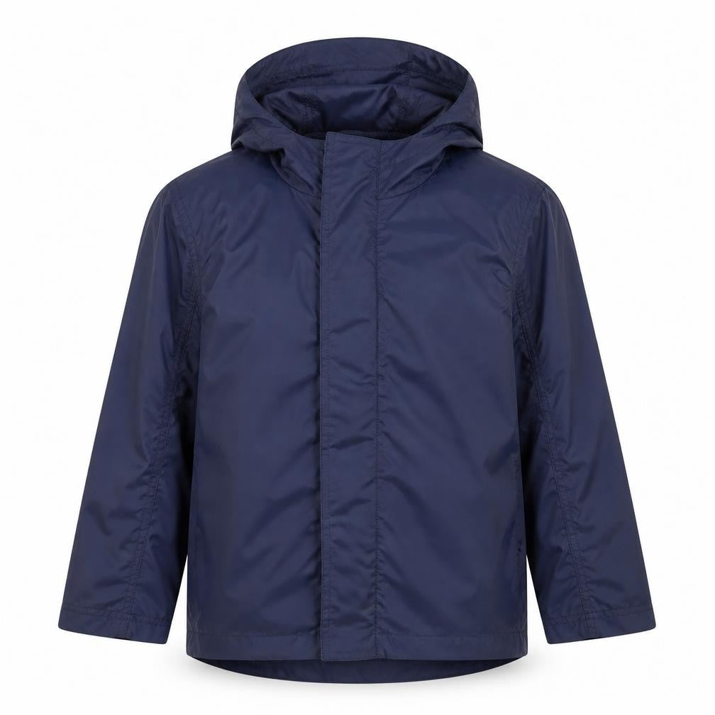 Front view of Indigo Collection girls’ blue mid-length hooded jacket 9-10 years