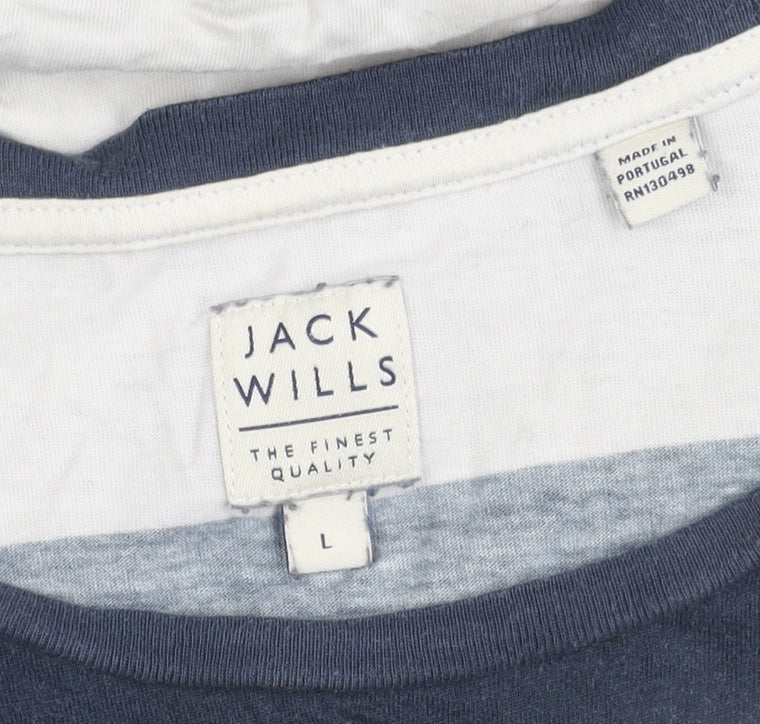 Jack Wills Men's Blue Striped T-Shirt, Size L, Logo Accents