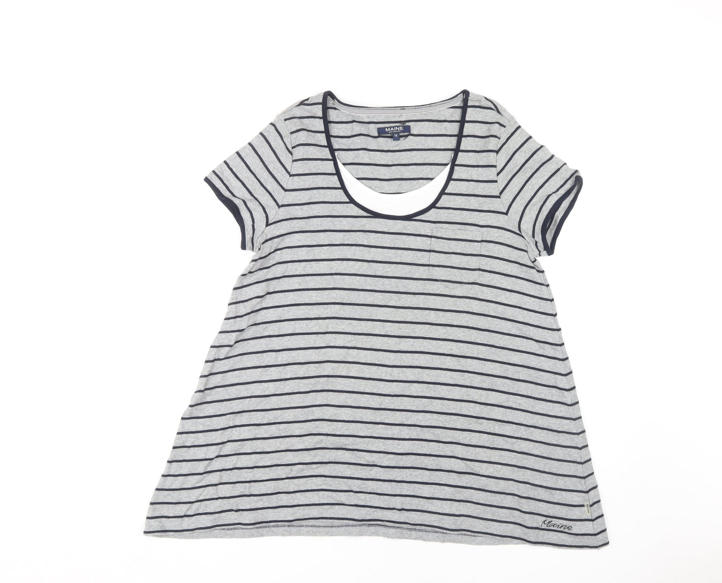Maine Women's Grey Striped T-Shirt Size 16