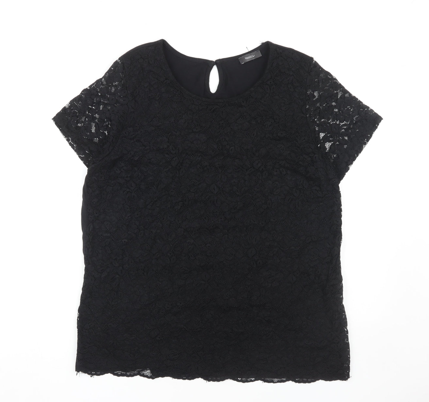 Yessica Women's Black Lace Blouse, Size L, Short Sleeve