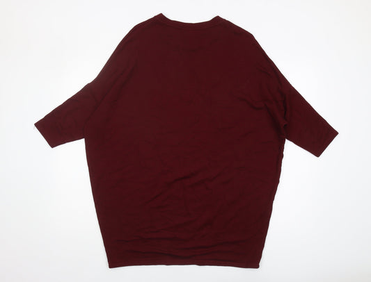Pull&Bear Women's Red Crew Neck 3/4 Sleeve T-Shirt