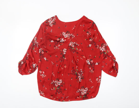 Stradivarius Women's Red Floral Blouse, Size UK 12, V-Neck