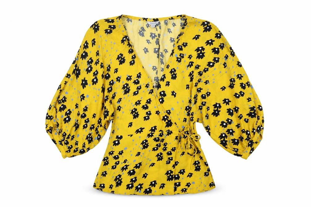 Jigsaw Women's Yellow Floral Wrap Blouse Size 8