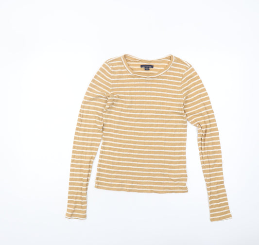 American Eagle Women's Beige Striped T-Shirt, Size S