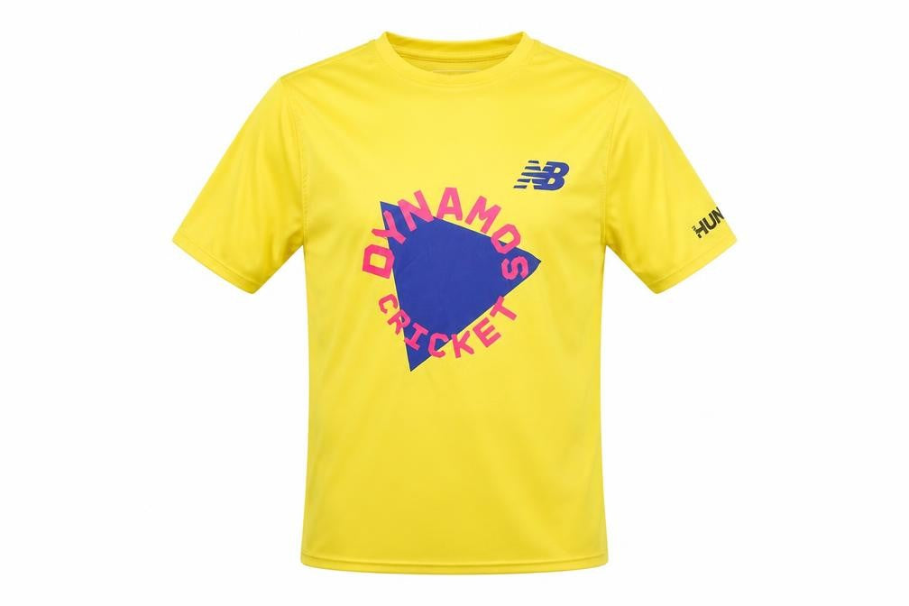 Front view of New Balance boys’ yellow cricket t-shirt, size 146