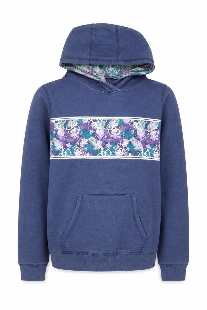 Front view of Mountain Warehouse girls’ blue pullover hoodie, size 13-14, graphic style