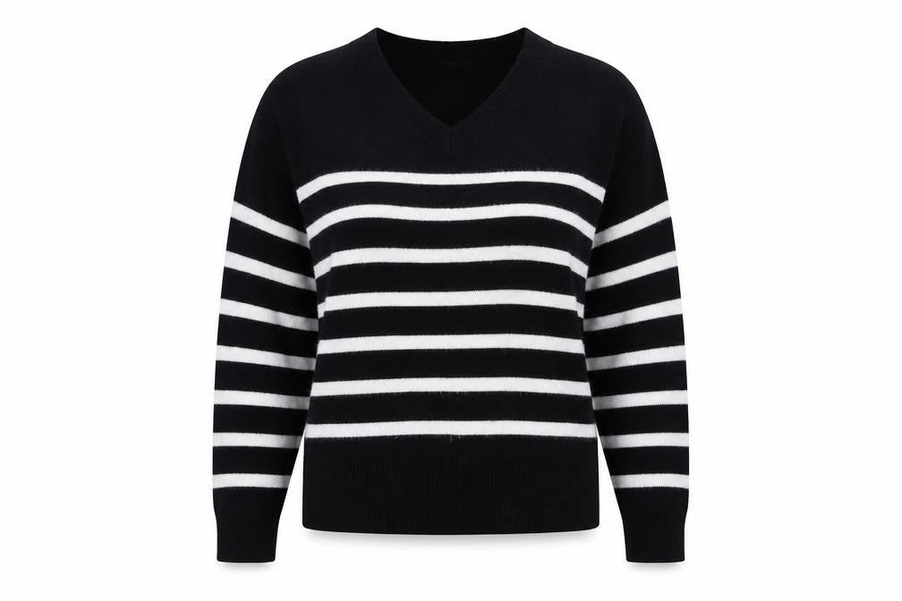 Marks and Spencer Women's Black Striped V-Neck Jumper