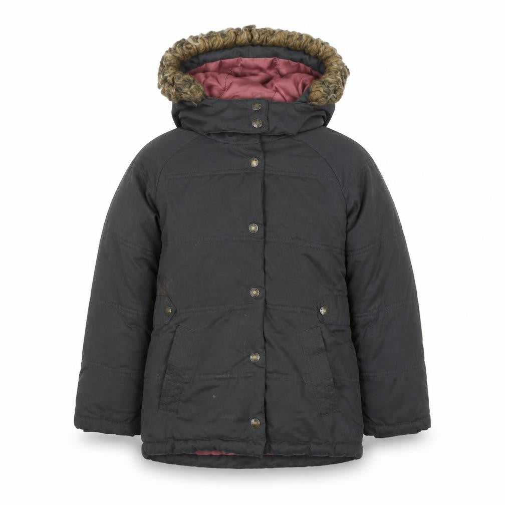Front view of FatFace girls’ black mid-length puffer jacket m