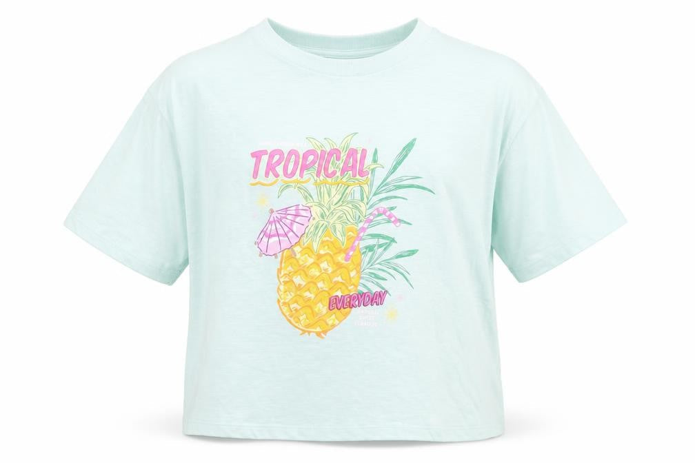 Front view of Marks & Spencer girls’ mint green t-shirt, size 3, tropical print
