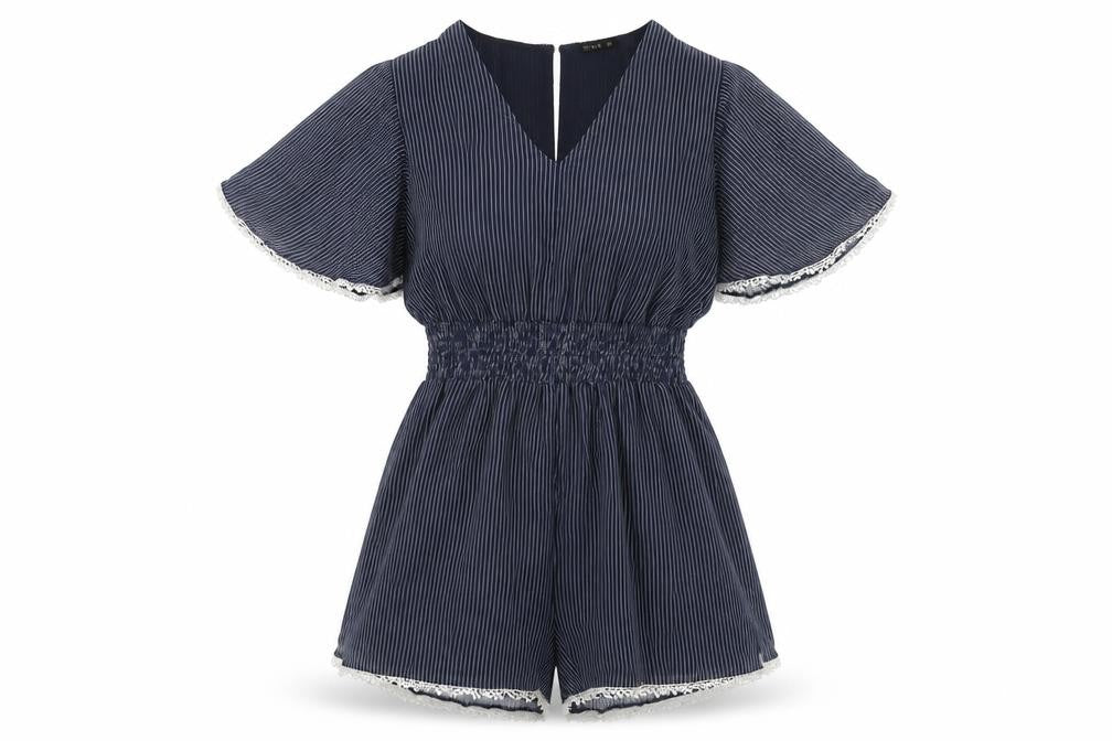 Cotton On Women's Blue Striped Romper M Flutter Sleeve