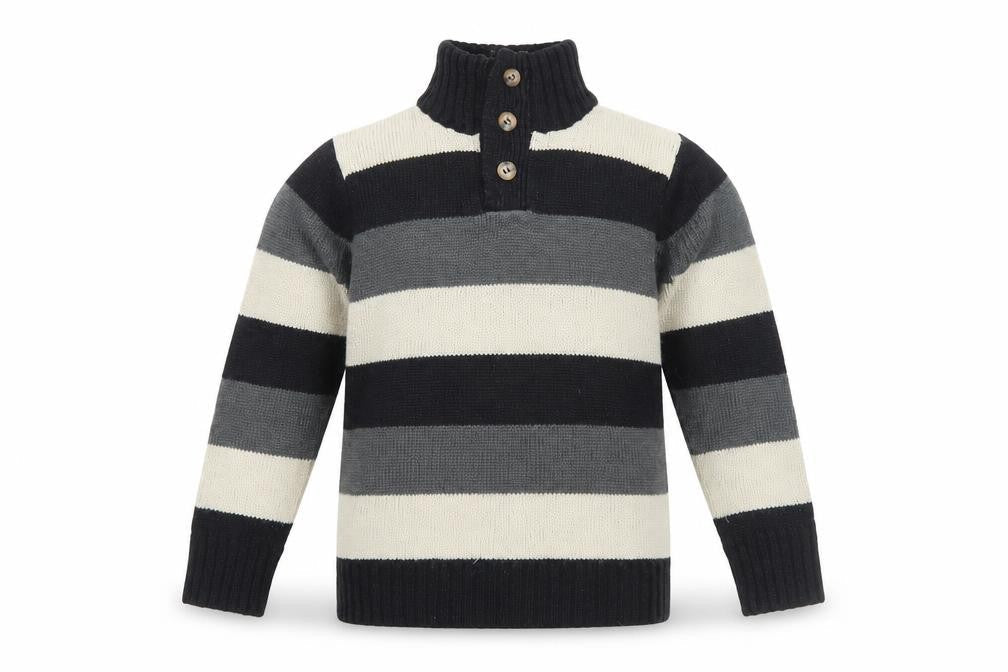 Okaïdi Boys Striped Henley Jumper, Black/Grey/Beige, 4 Years