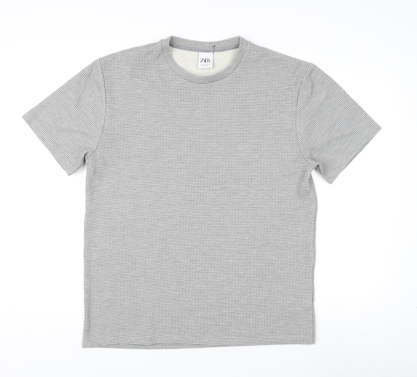 Zara Men's Grey Check T-Shirt Size L Crew Neck