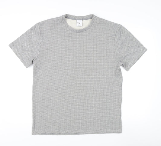 Zara Men's Grey Check T-Shirt Size L Crew Neck