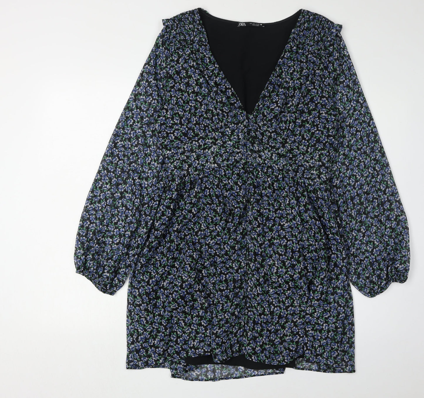 Zara Women's Multicoloured Floral Puff Sleeve Dress L