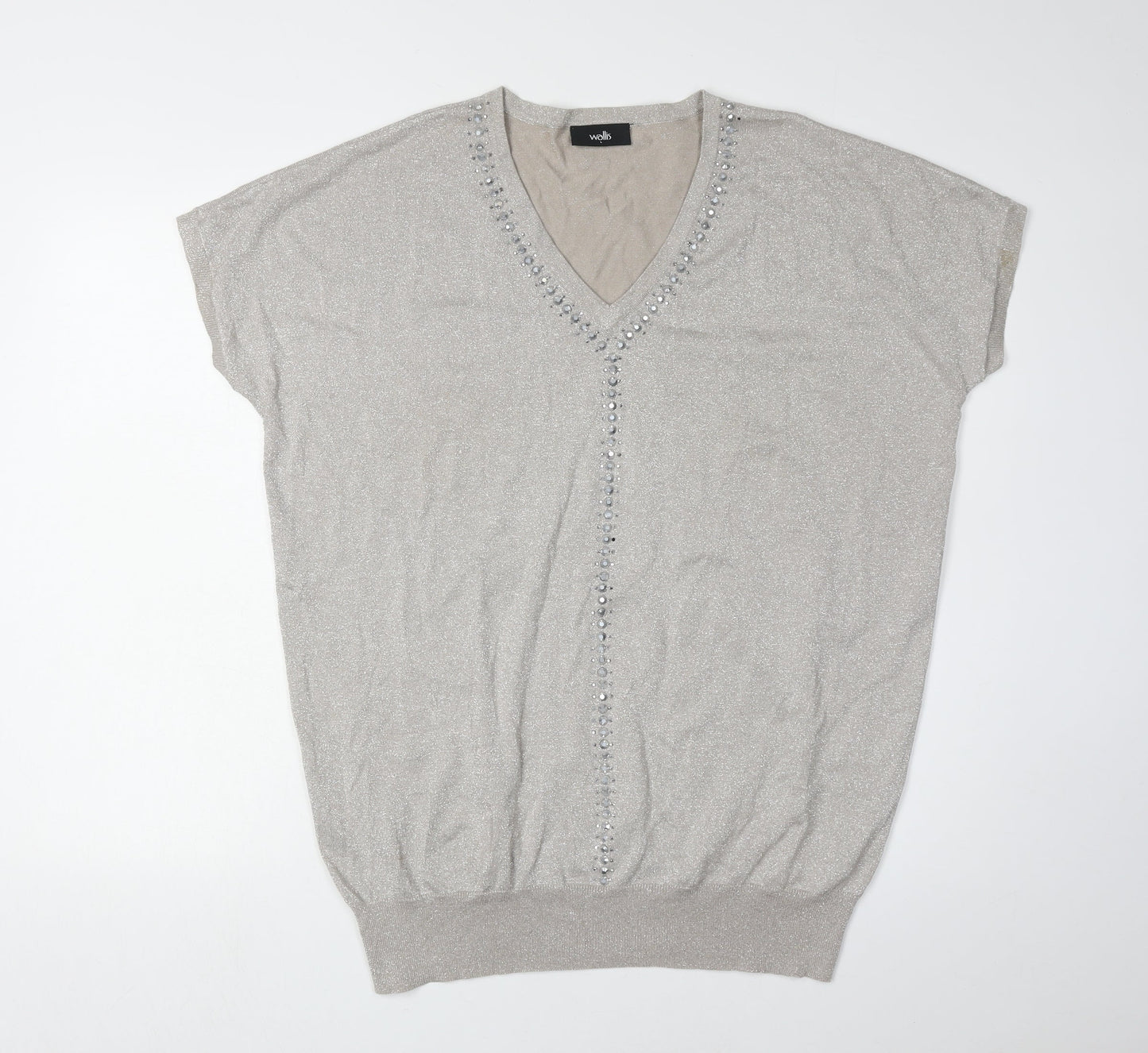 Wallis Women's Silver Pullover Jumper L V-Neck Beaded