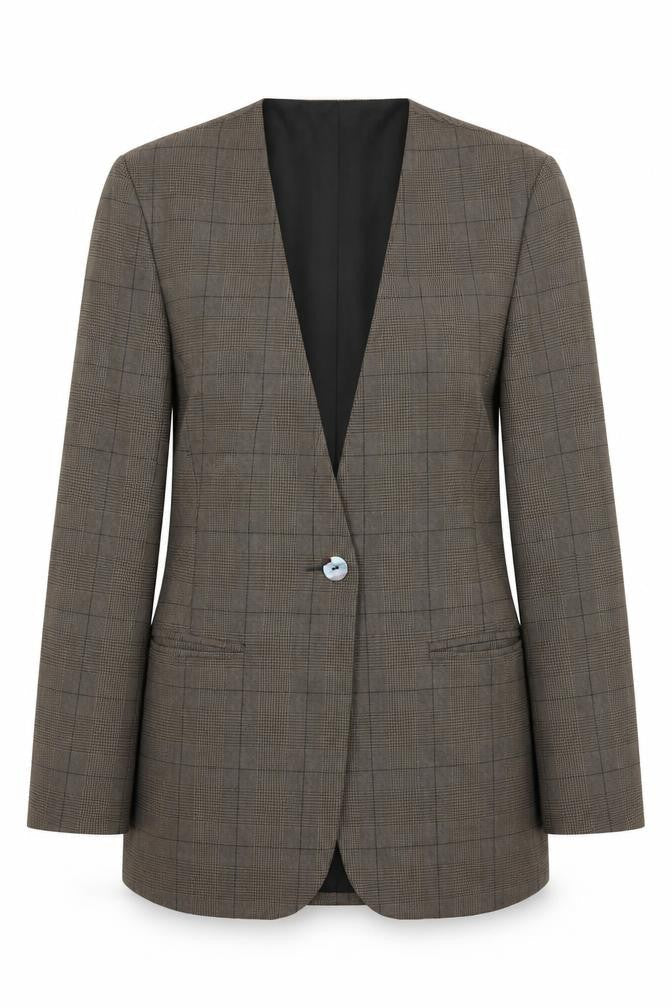 Front view of CHOMEL Women’s Brown Check Blazer, size UK 6