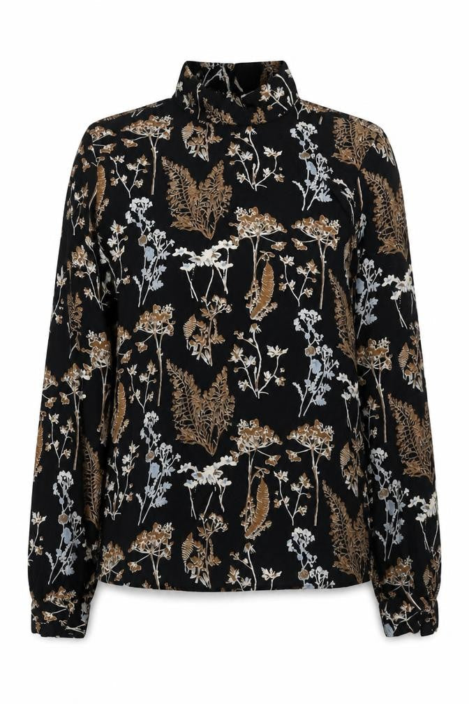 PIECES Women's Black Floral High Neck Long Sleeve Top
