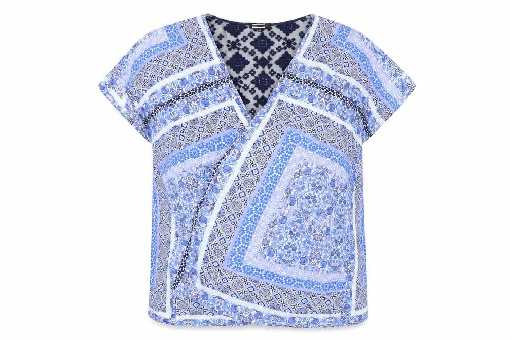Front view of Roman Women's Blue Geometric Tunic Open Front Blouse, size M