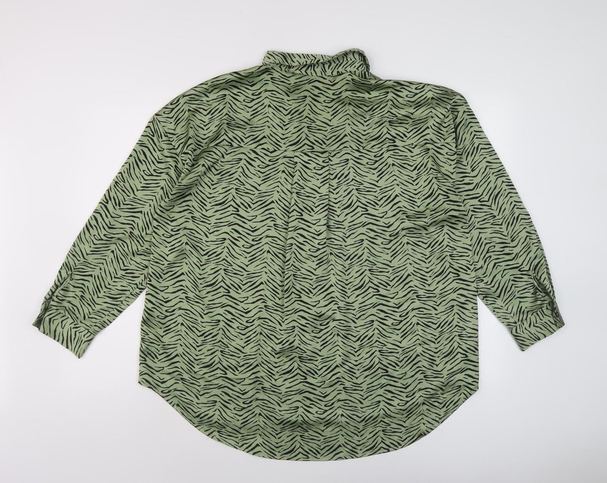 Zara Women's Green Zebra Print Button-Up Shirt L