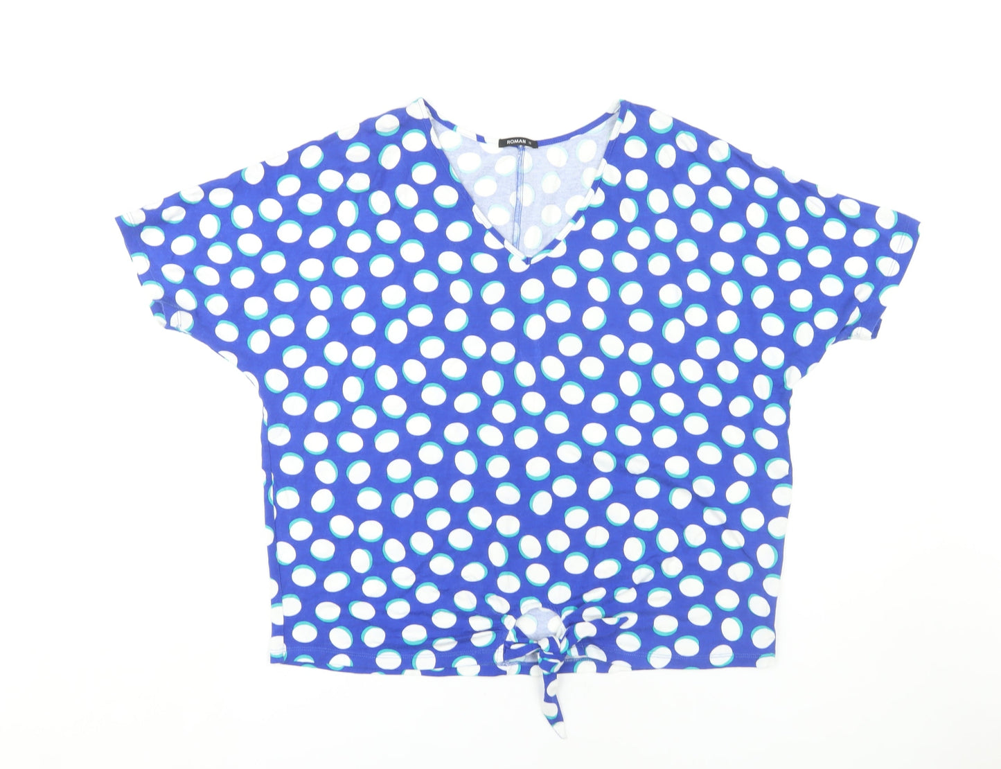 Roman Women's Blue Polka Dot V-Neck Blouse Size 12