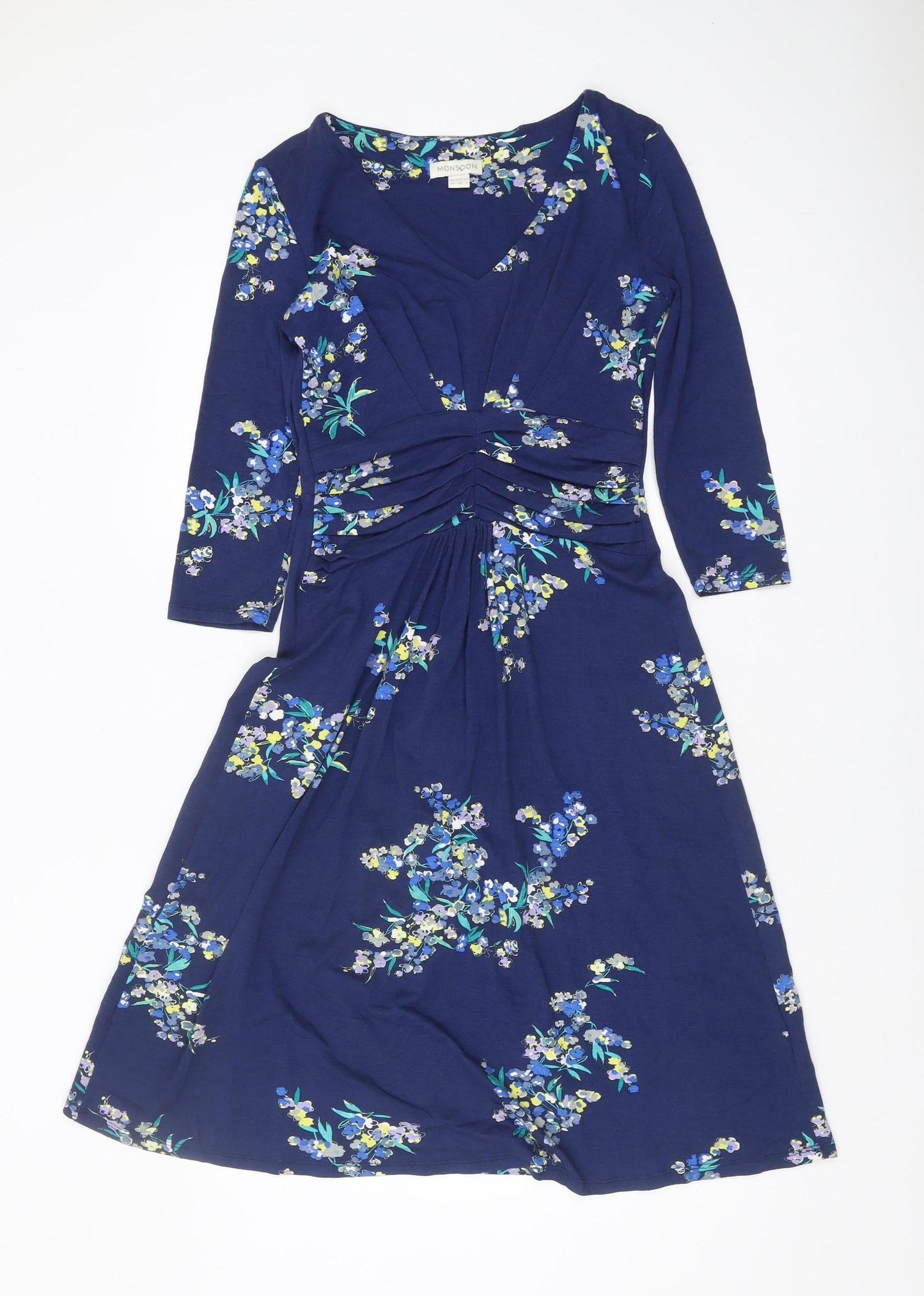 Monsoon Women's Blue Floral V-Neck Jersey Dress 10
