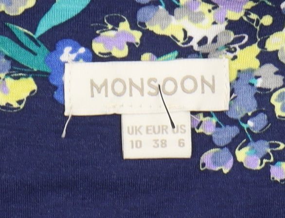 Monsoon Women's Blue Floral V-Neck Jersey Dress 10