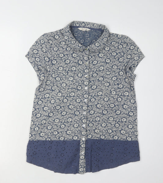 White Stuff Women's Blue Floral Button-Up Shirt Size 8