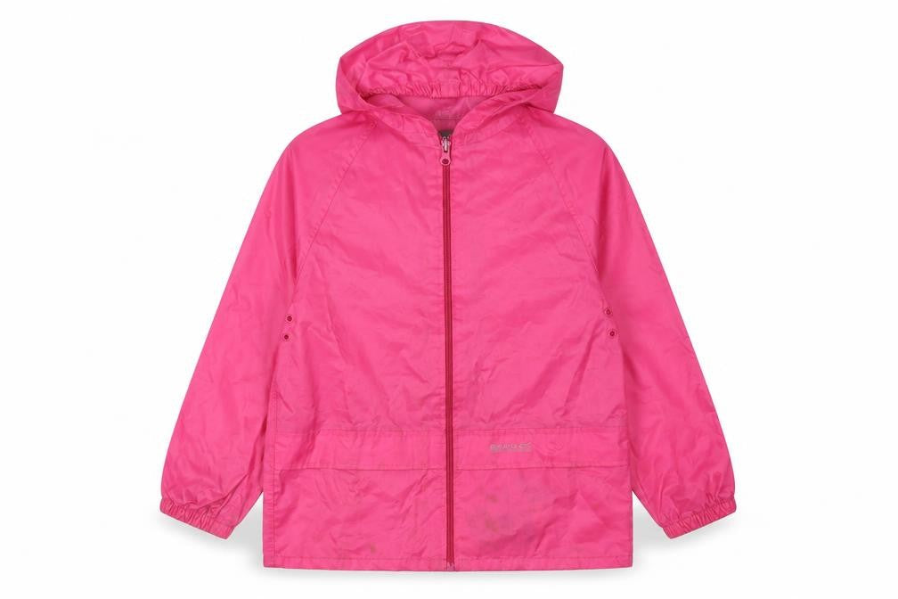 Front view of Regatta girls’ pink rain coat 7 years with hood and zip