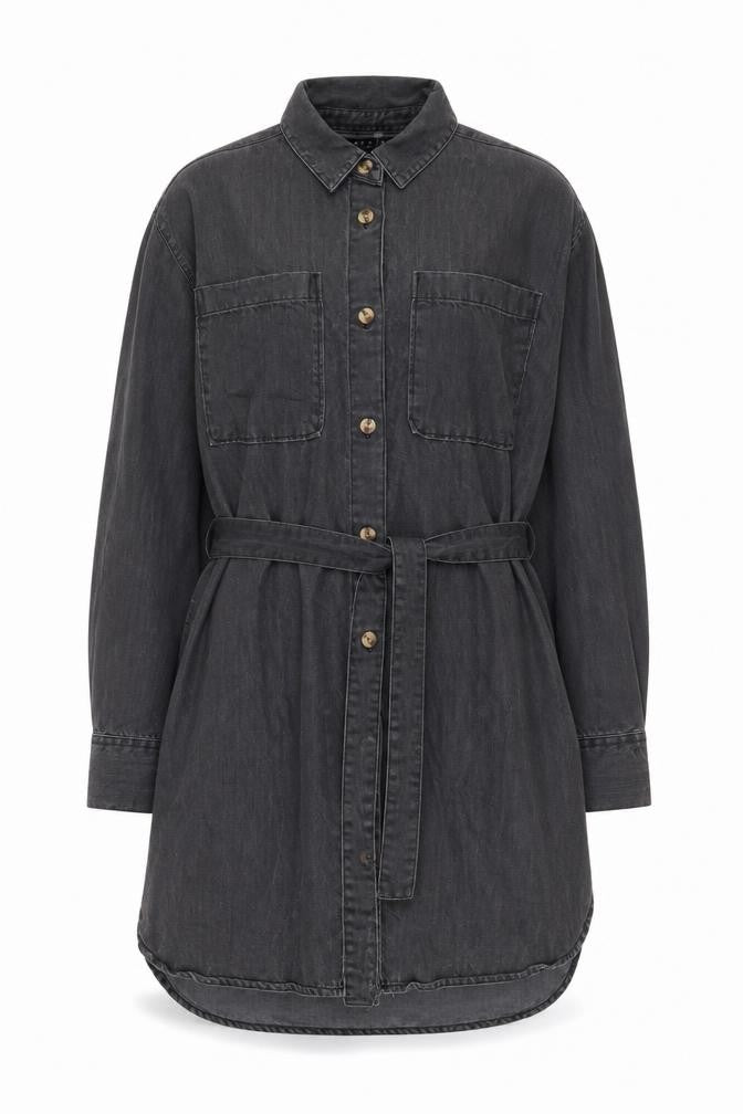 Front view of ASOS Women Grey Shirt Dress, size 6, Belted Collared