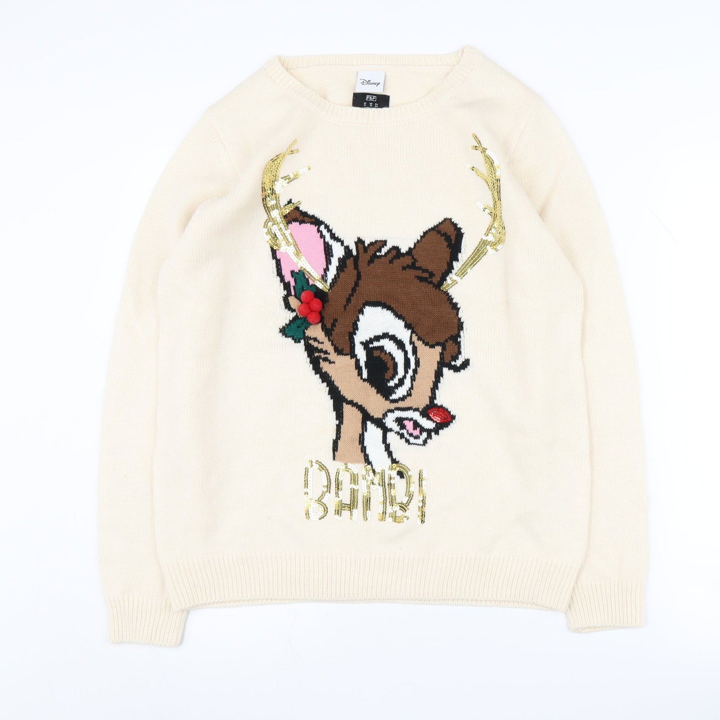 Disney Women's Beige Bambi Pullover Jumper UK 16