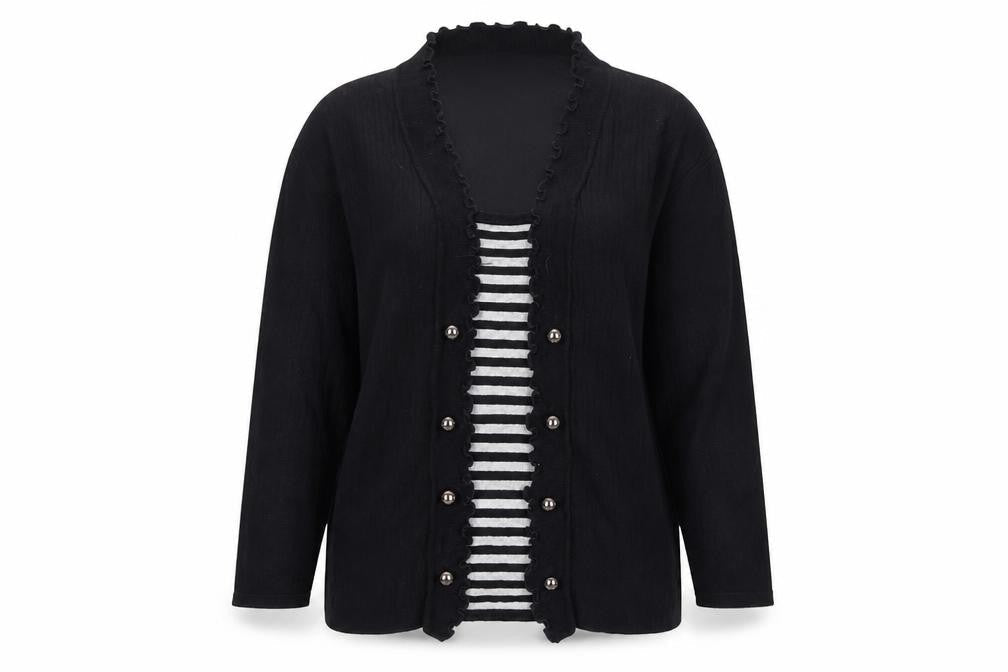 Emma Morgan Black Button-Up Striped Women's Top L