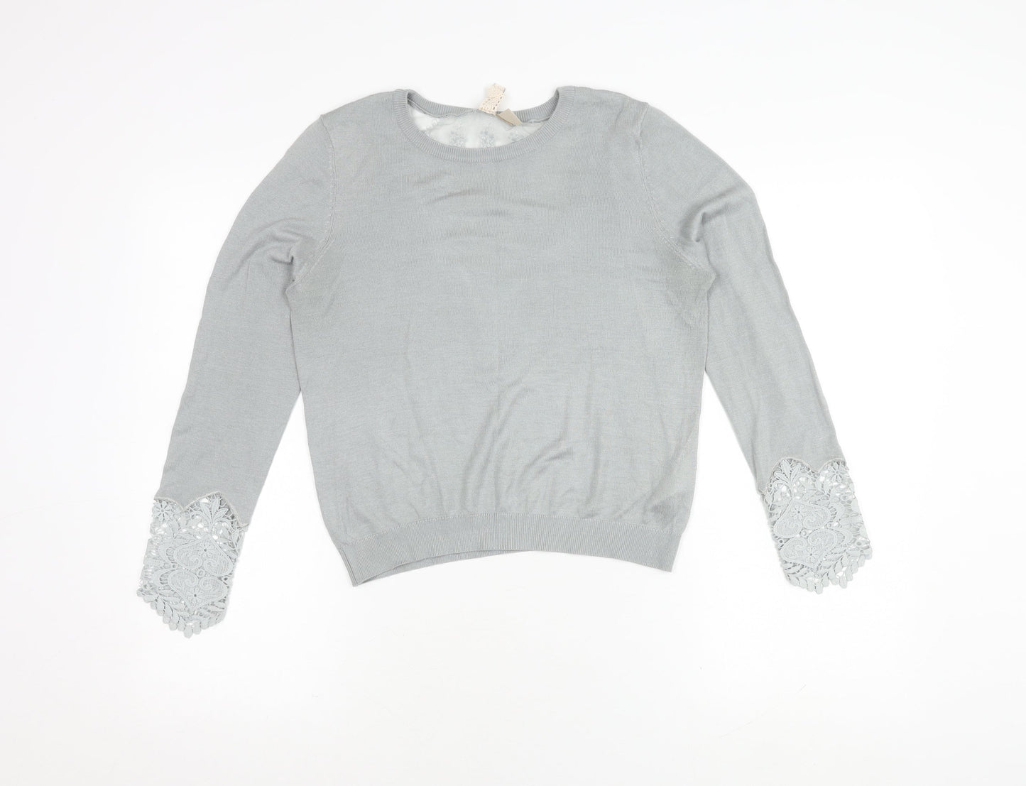 H&M Women's Grey Long Sleeve Top with Lace Accent