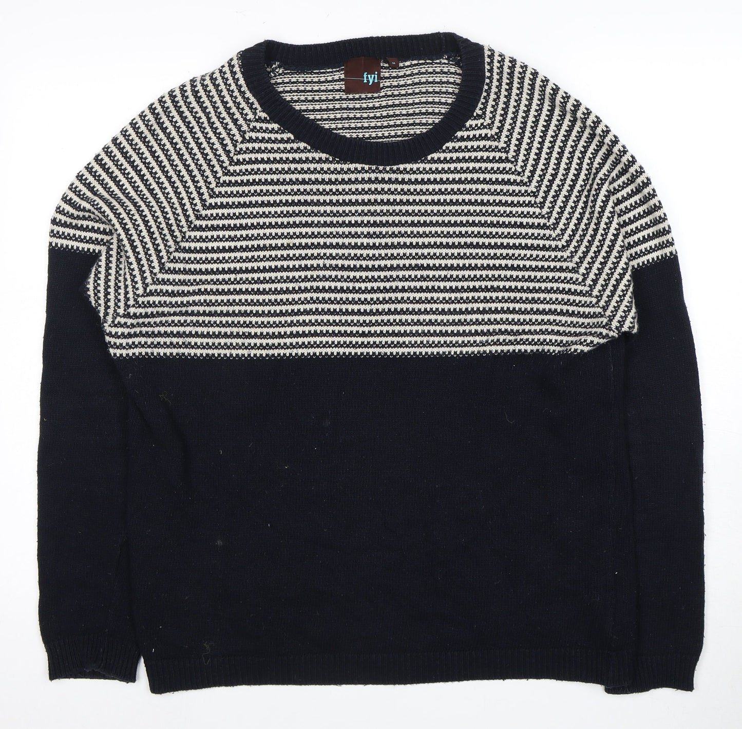 FYI Mens Black Striped Knit Pullover Jumper Medium
