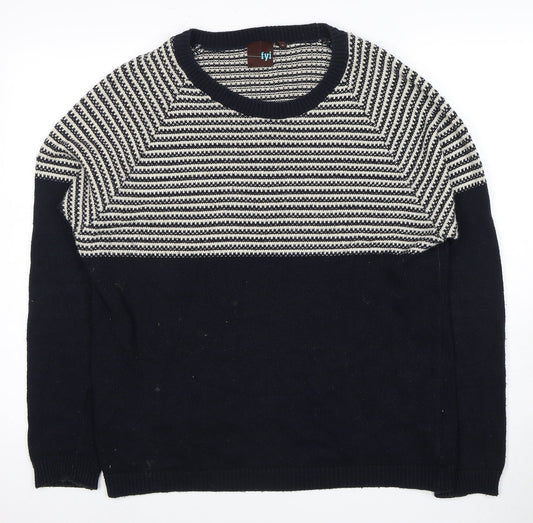 FYI Mens Black Striped Knit Pullover Jumper Medium