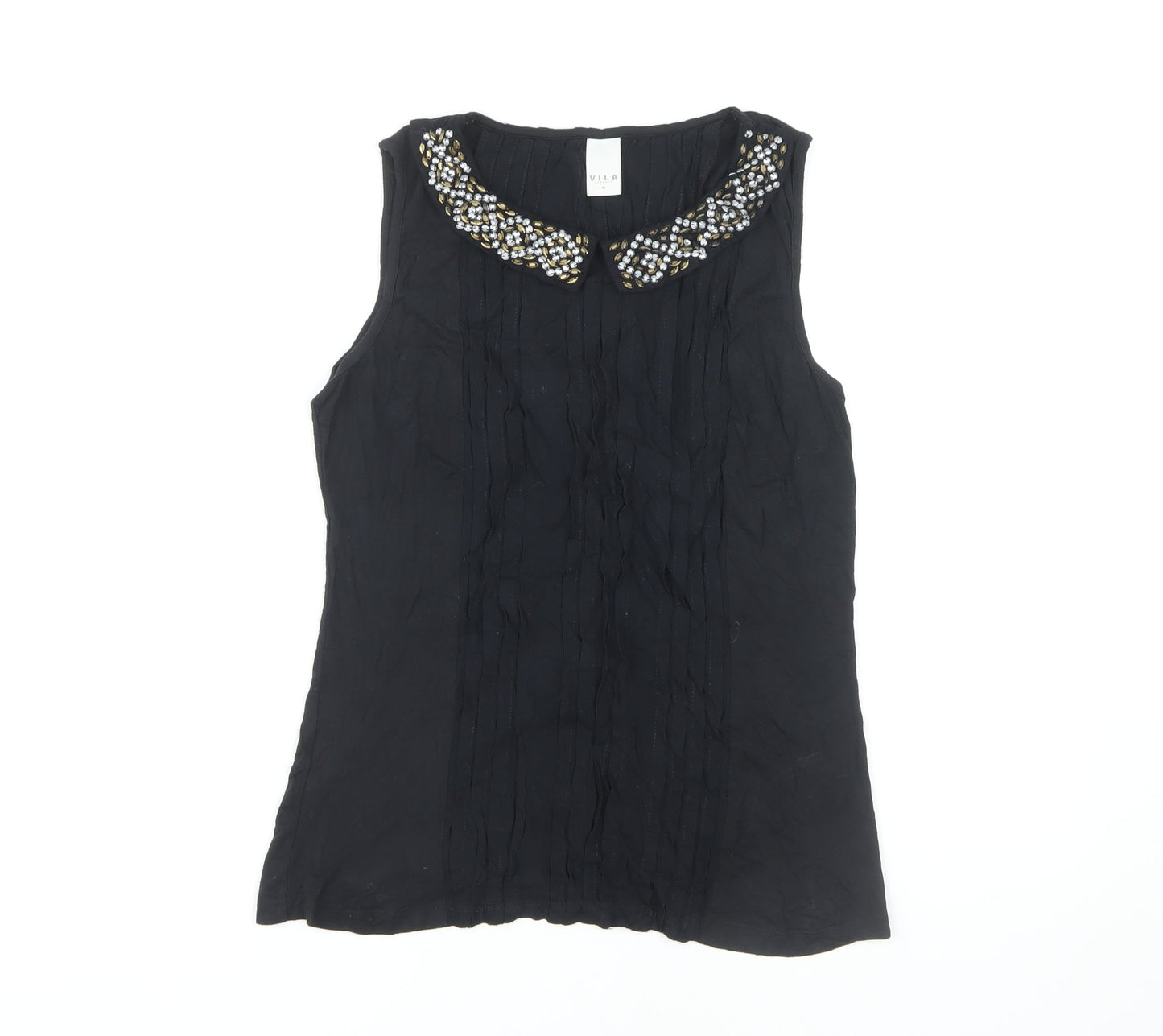 VILA Women's Black Beaded Collared Blouse M