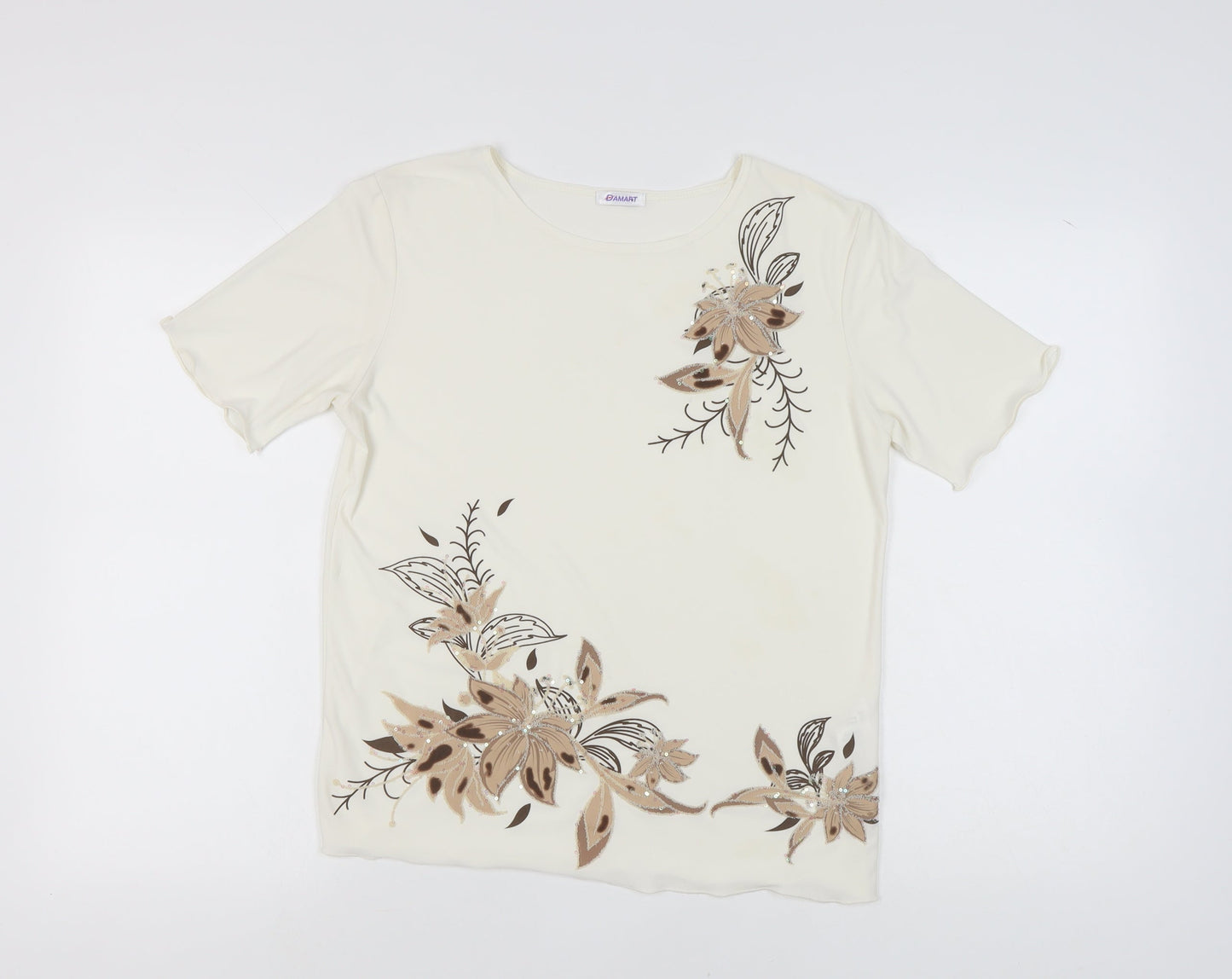 Damart Women's Beige Floral Embroidered T-Shirt Size 10
