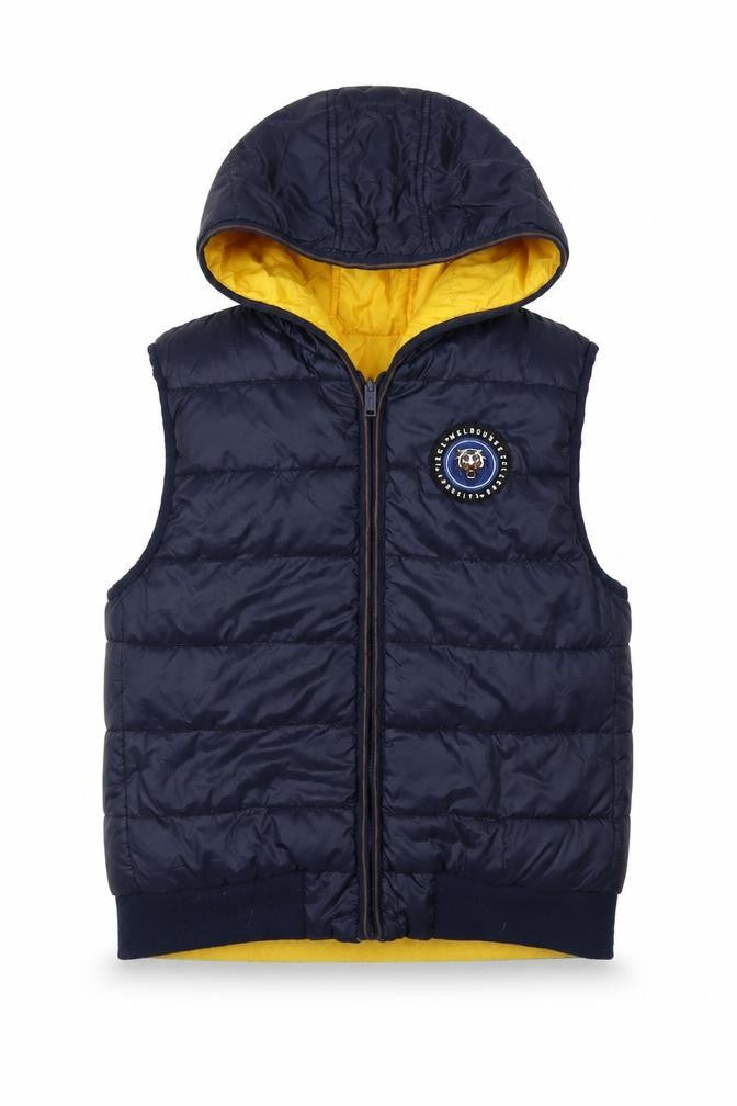 Front view of IKKS boys’ blue hooded puffer jacket 12 years