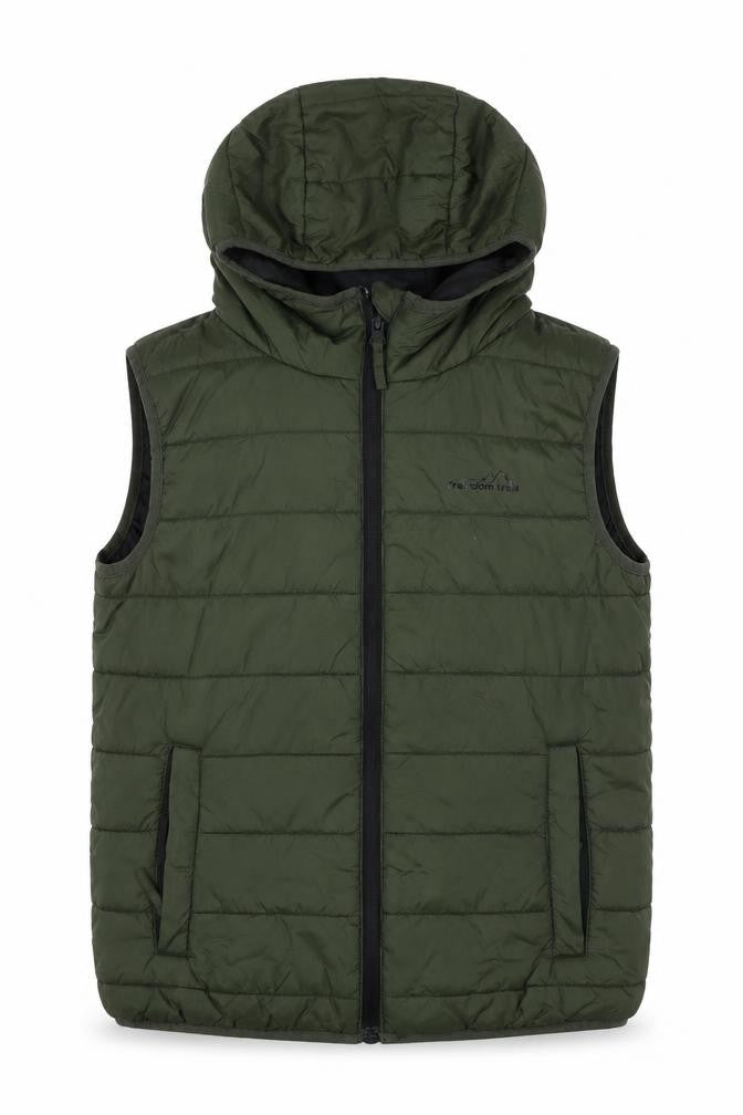 Front view of Freedom Trail boys’' green hooded bodywarmer, 11-12 years