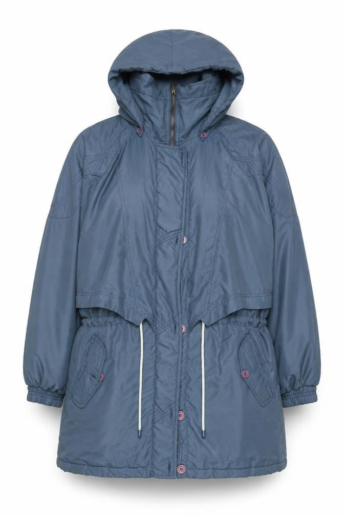 Front view of C&A Women's Blue Nylon Hooded Parka Jacket, size 12