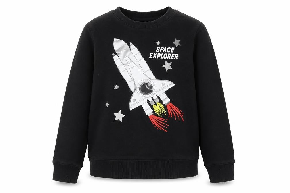 Front view of H&M boys’ black space explorer sweatshirt 10 years