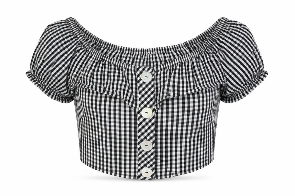 Topshop Women's Black Check Off-Shoulder Cropped Blouse Size 6