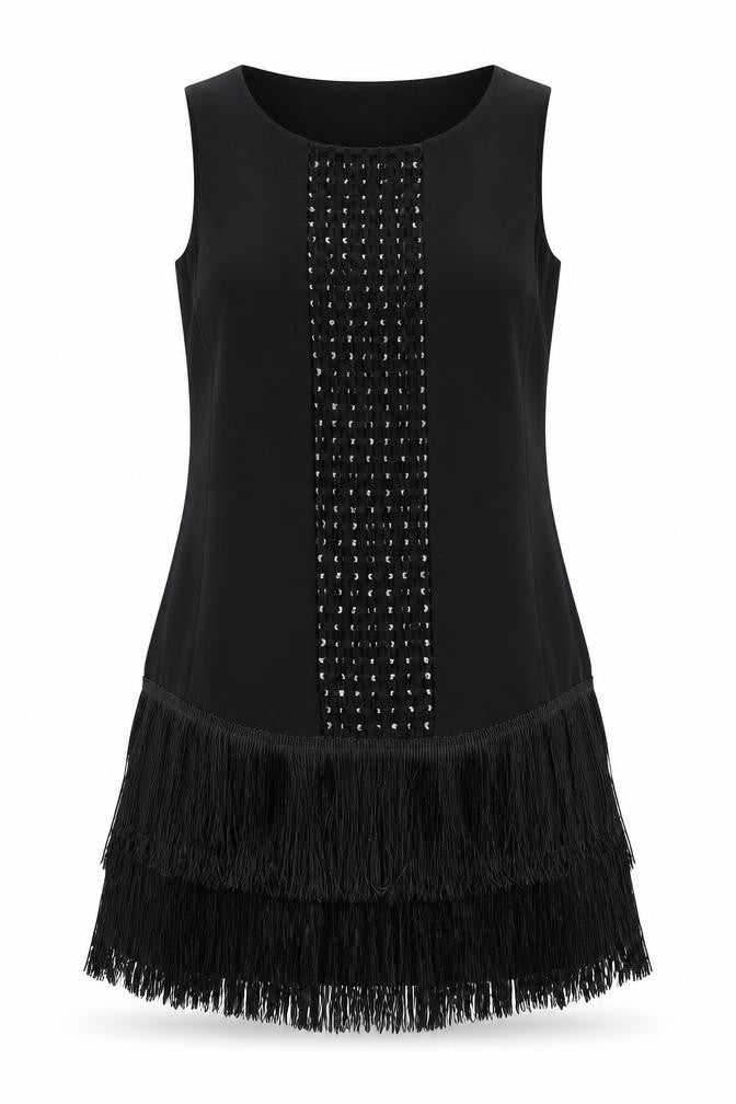 Front view of Principles Petite Black Fringe Shift Dress, size 10