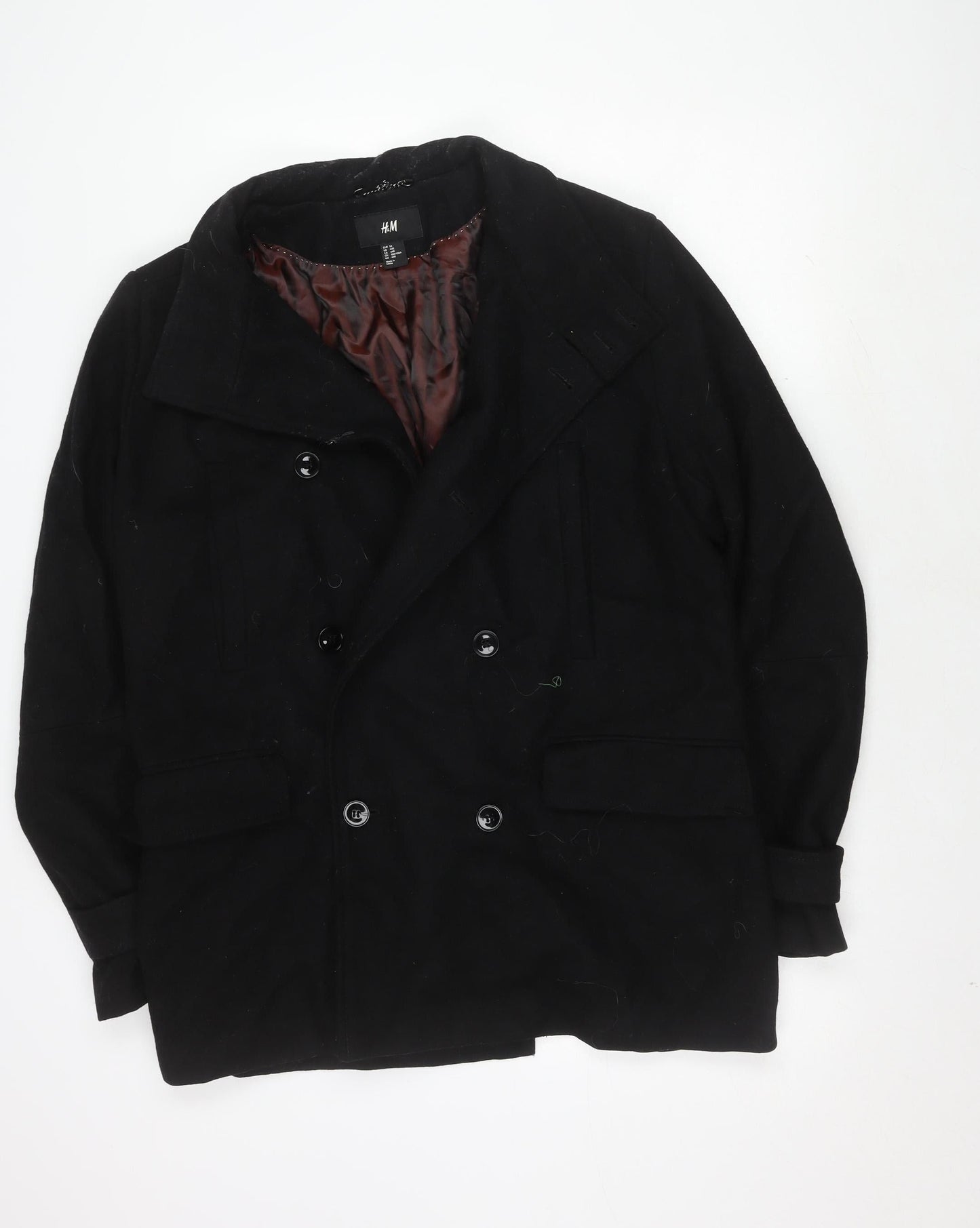 H&M Men's Black Wool Blend Coat, Size 44 Regular Fit